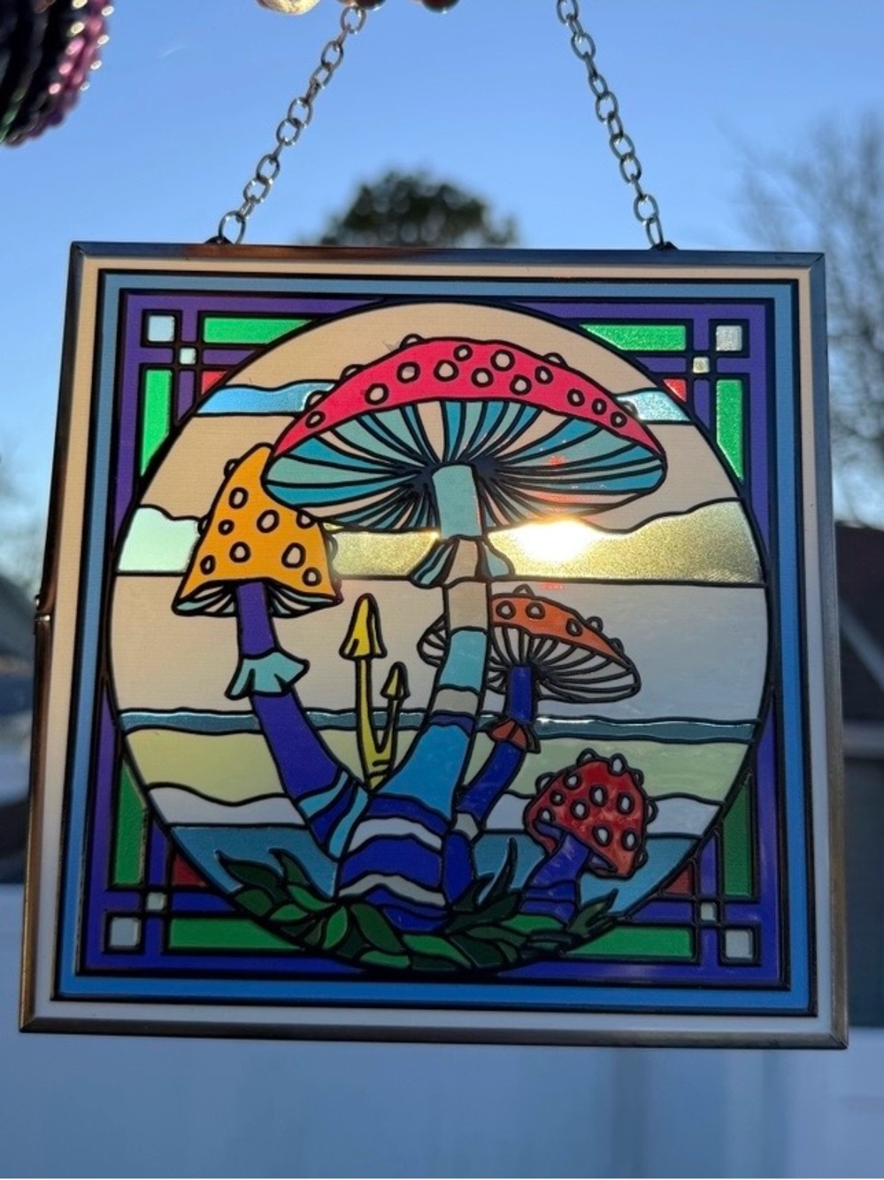 Stained Glass Mushroom Panel Hanging - Multicolor